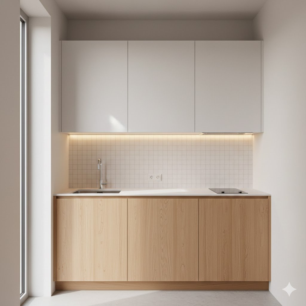 Tampilan dapur kecil dengan lemari gantung sederhana berwarna putih dan kayu terang yang rapi serta fungsional untuk ruang terbatas