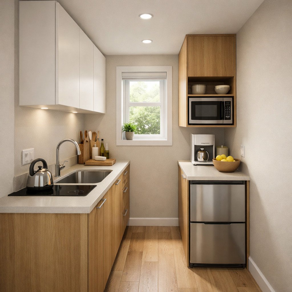 Tampilan dapur kecil dengan warna cat terang yang membuat ruang sempit terasa lebih luas dan rapi