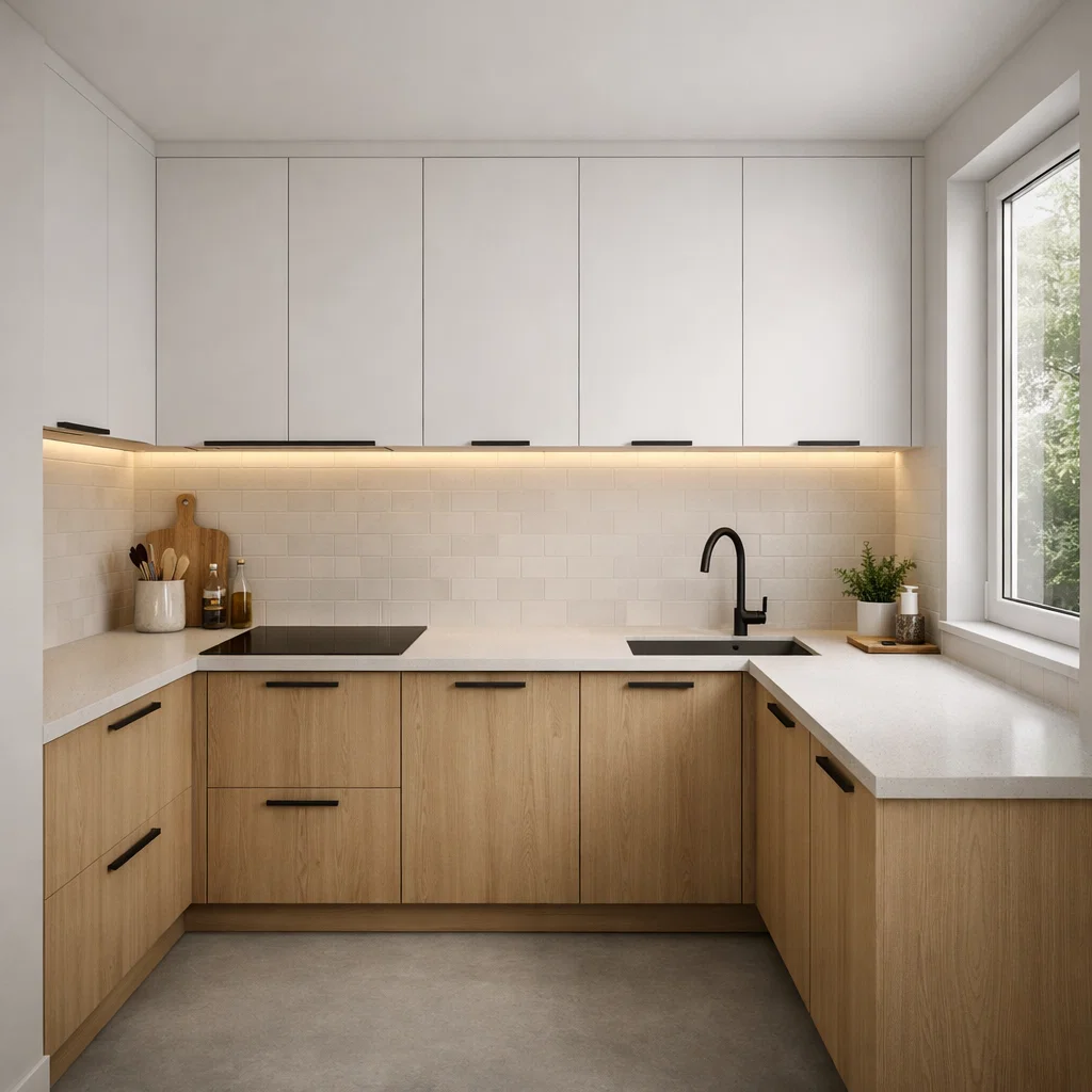 Tampilan dapur minimalis 3x3 dengan layout L-shape yang rapi dan proporsional serta kombinasi warna terang dan kayu hangat untuk kesan lebih luas