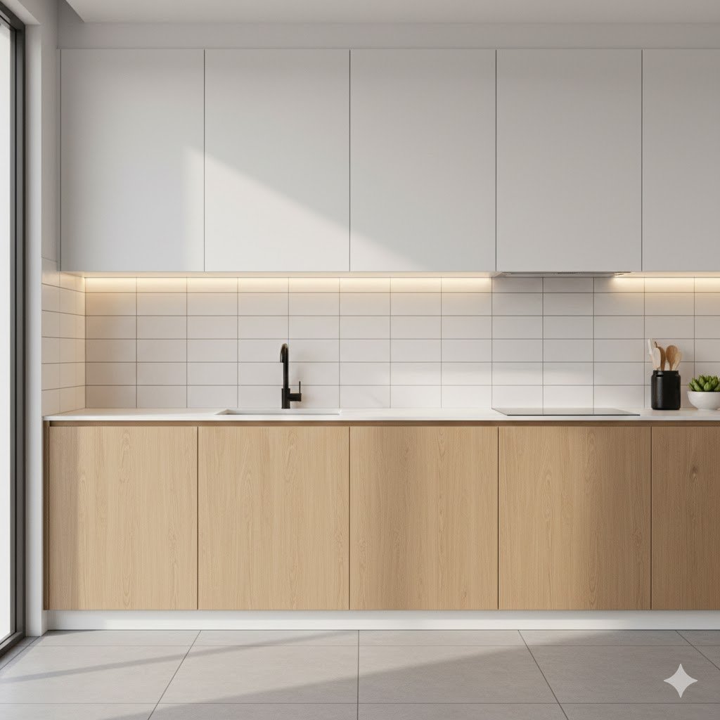 Tampilan dapur minimalis dengan backsplash keramik putih bergaya modern yang bersih dan rapi sebagai fokus utama ruang