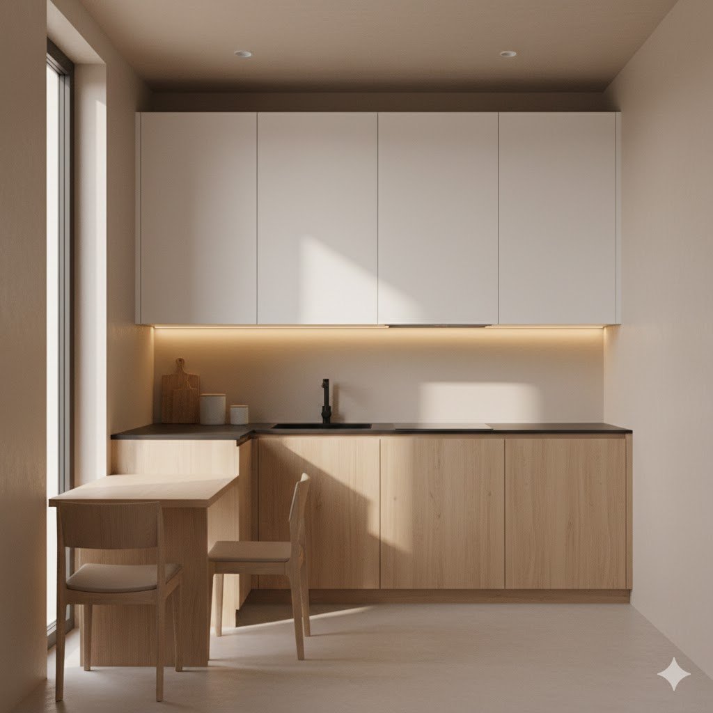 Tampilan dapur minimalis dengan layout L yang proporsional dan pencahayaan hangat sehingga terlihat rapi, bersih, dan nyaman digunakan sehari-hari