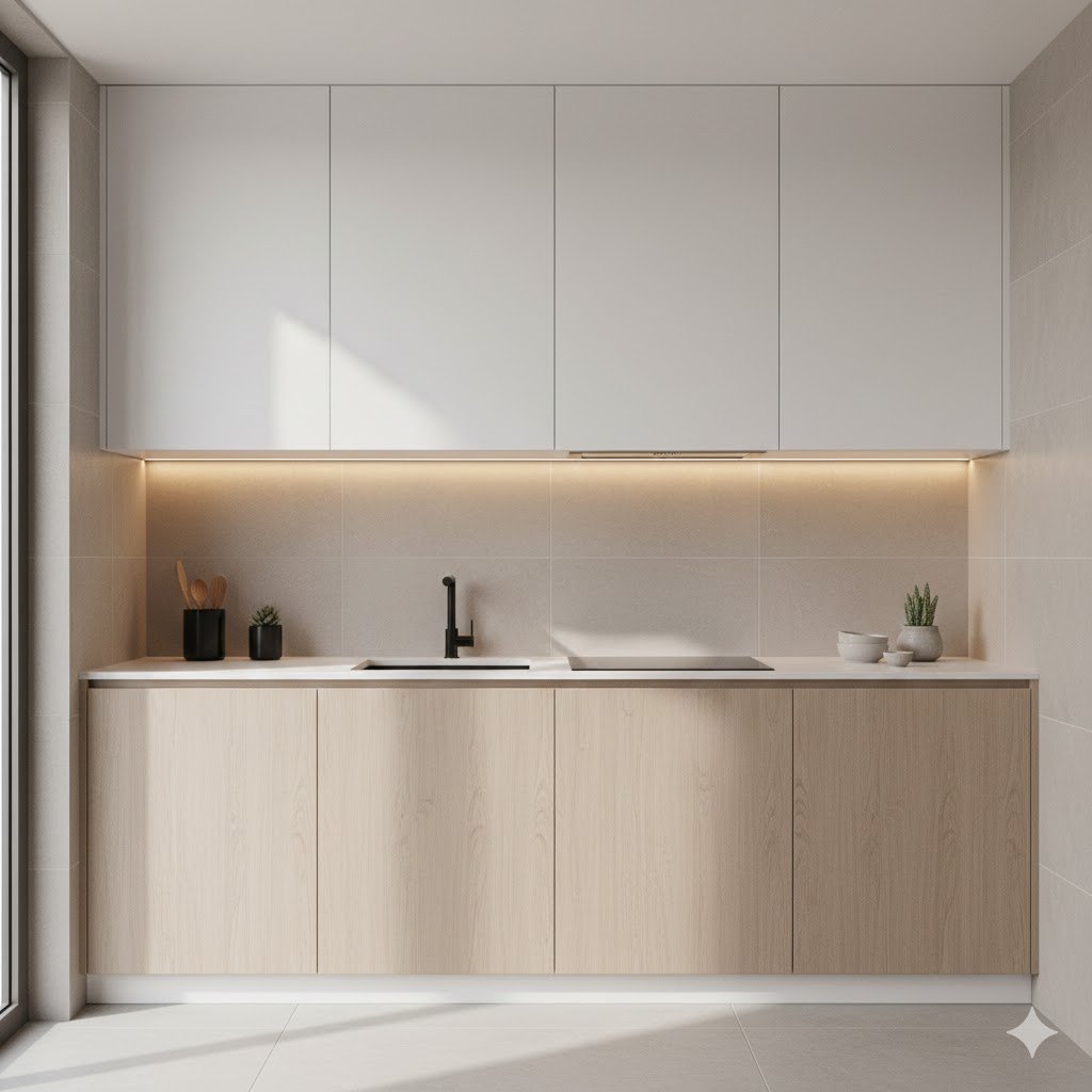 Tampilan dapur minimalis dengan lemari gantung modern kombinasi matte putih dan tekstur kayu yang terlihat rapi, hangat, dan fungsional