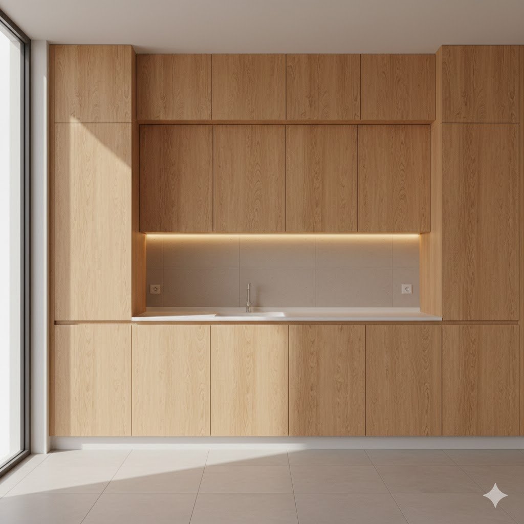 Tampilan dapur minimalis dengan lemari kayu natural dan garis desain bersih yang memberi kesan hangat serta tertata rapi