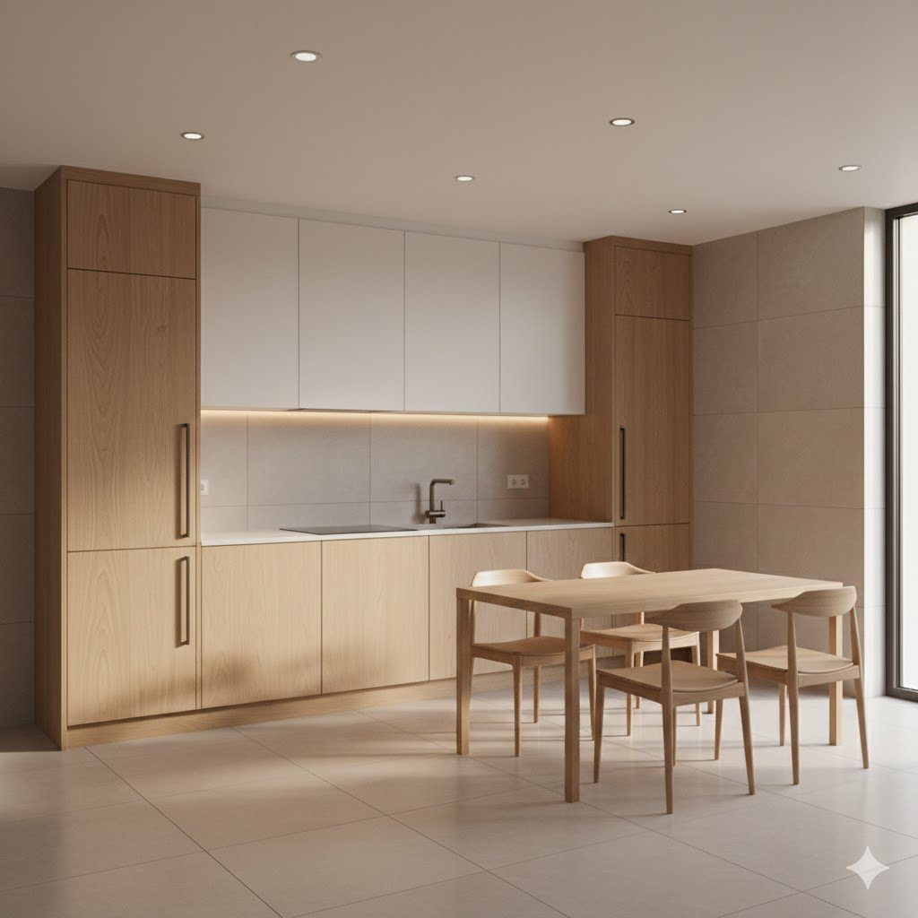 Tampilan dapur minimalis dengan plafon rata bersih dan pencahayaan hangat yang menciptakan suasana terang serta nyaman digunakan setiap hari