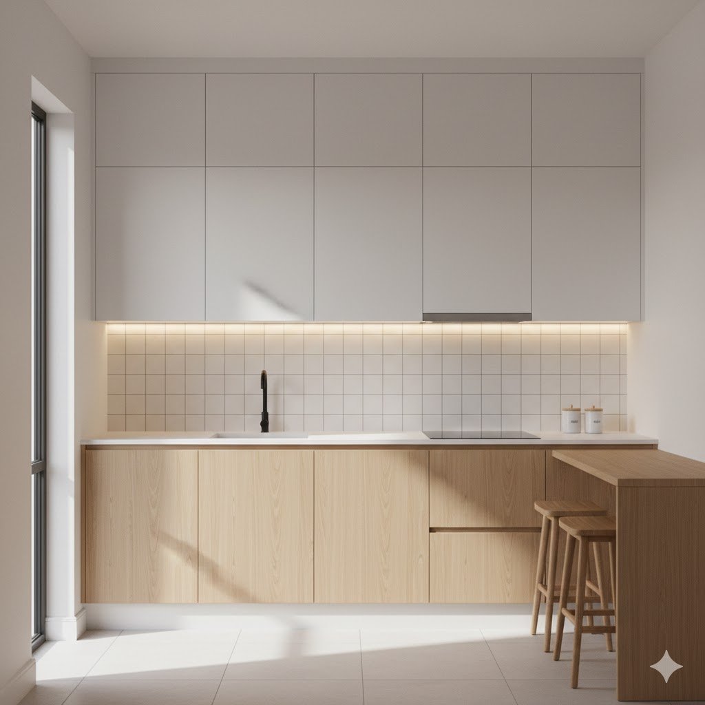 Tampilan dapur minimalis kecil dengan layout L yang rapi, kabinet terang hingga plafon, serta pencahayaan hangat yang membuat ruang terasa lebih lega dan nyaman digunakan