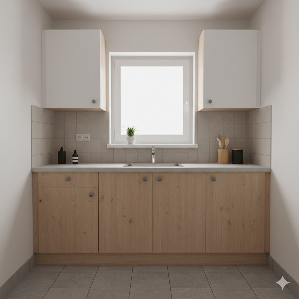 Tampilan dapur minimalis linear pada rumah subsidi dengan kombinasi kabinet putih dan kayu terang yang terasa rapi dan fungsional dalam ruang terbatas