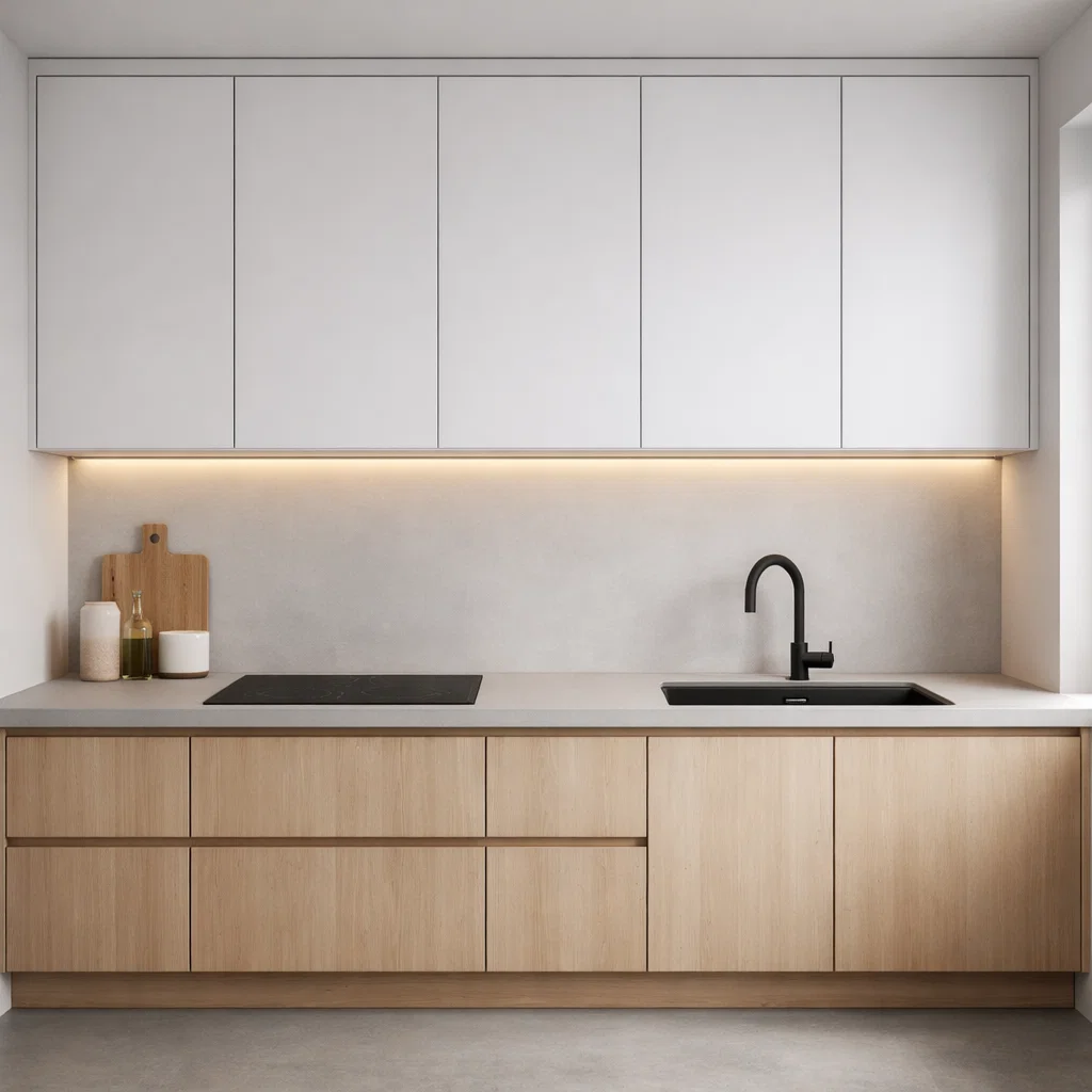 Tampilan dapur minimalis modern dengan kabinet flat panel putih dan aksen kayu terang yang rapi serta pencahayaan hangat yang nyaman