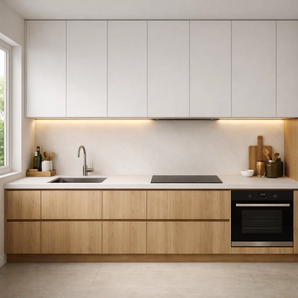 Tampilan dapur minimalis modern dengan kabinet rapi hingga plafon dan pencahayaan hangat yang membuat ruang terasa bersih serta fungsional