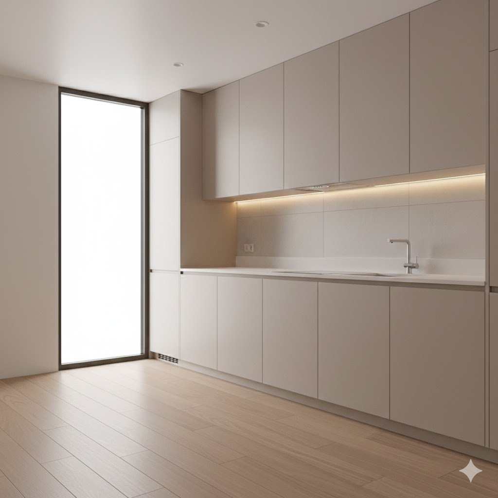 Tampilan dapur minimalis modern dengan kabinet rata berwarna netral dan pencahayaan hangat yang menciptakan suasana bersih serta elegan