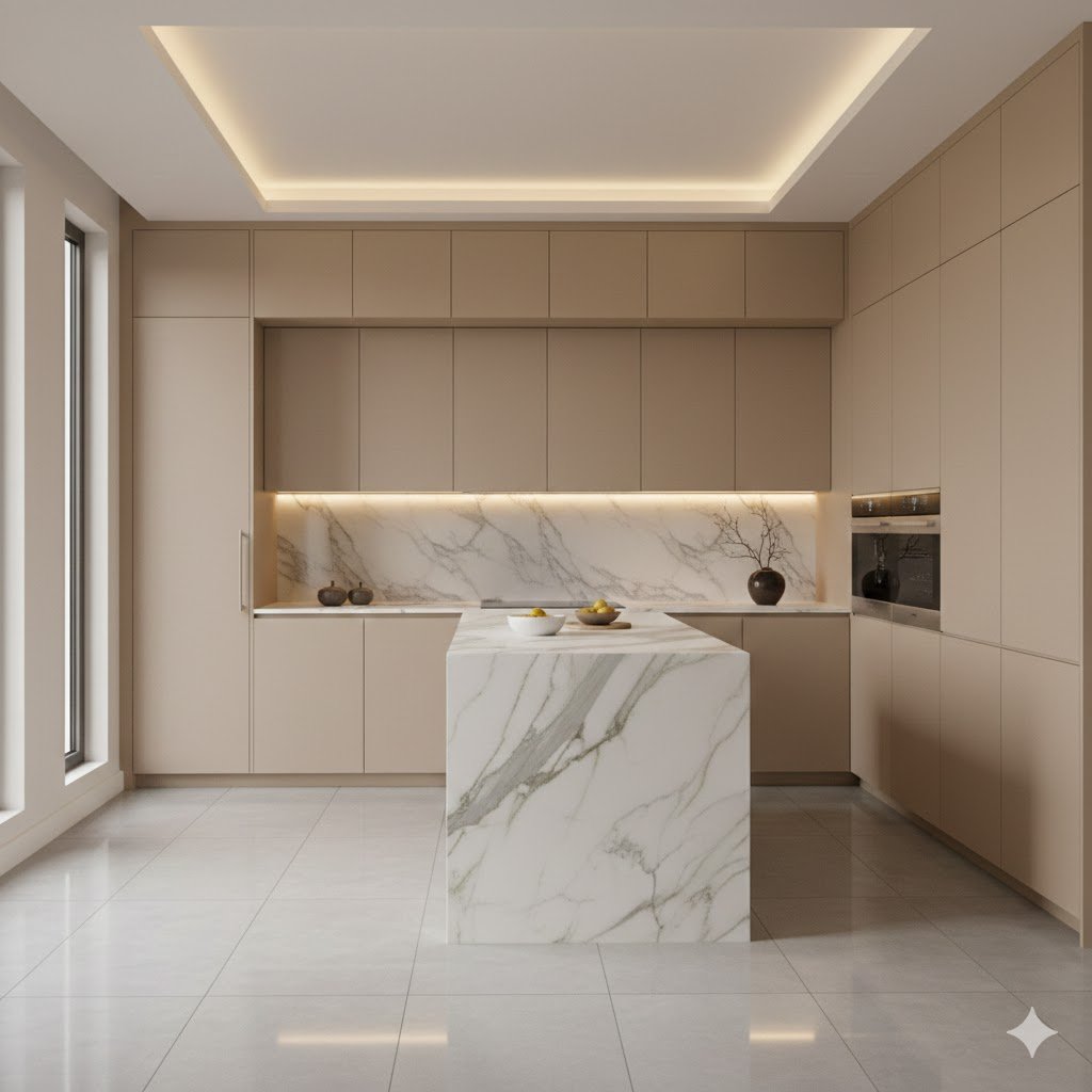 Tampilan dapur minimalis modern dengan kabinet rata tanpa handle, aksen kayu terang, dan pencahayaan hangat yang menciptakan suasana rapi serta elegan