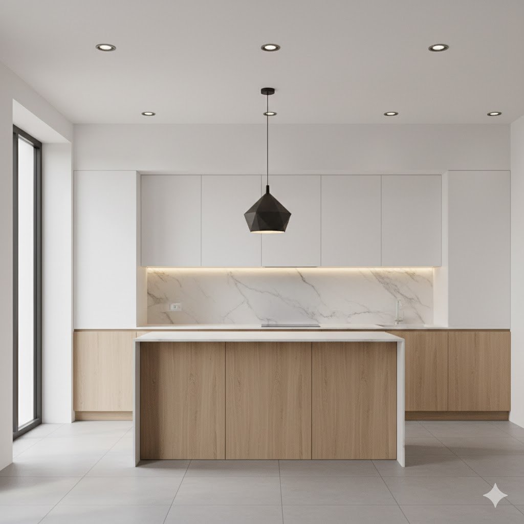 Tampilan dapur minimalis modern dengan kombinasi downlight, lampu gantung sederhana, dan LED strip bawah kabinet yang menciptakan pencahayaan berlapis dan nyaman digunakan sehari-hari