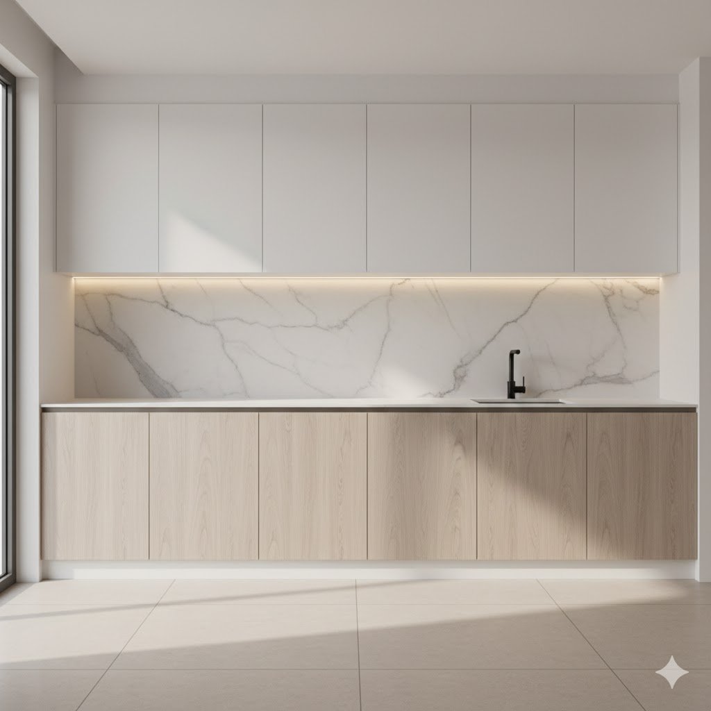 Tampilan dapur minimalis modern dengan kombinasi keramik marmer soft dan lantai large format bernuansa hangat yang terlihat bersih dan elegan