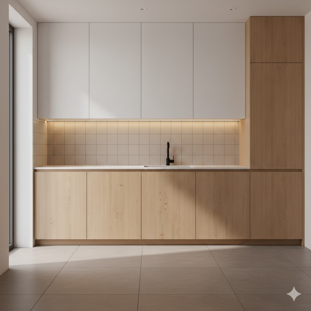 Tampilan dapur minimalis modern dengan kombinasi keramik netral hangat yang memperlihatkan tekstur dan harmoni warna secara elegan