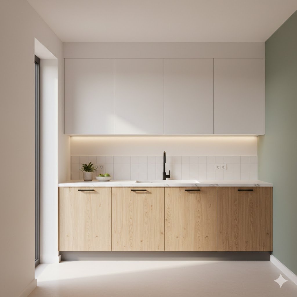 Tampilan dapur minimalis modern dengan kombinasi warm white dan aksen sage green yang terasa terang, bersih, dan hangat