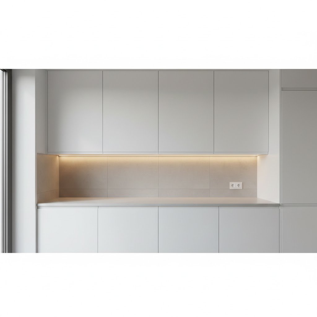 Tampilan dapur minimalis modern dengan lemari gantung aluminium flat panel yang rapi, bersih, dan fungsional dalam komposisi ruang yang compact serta elegan