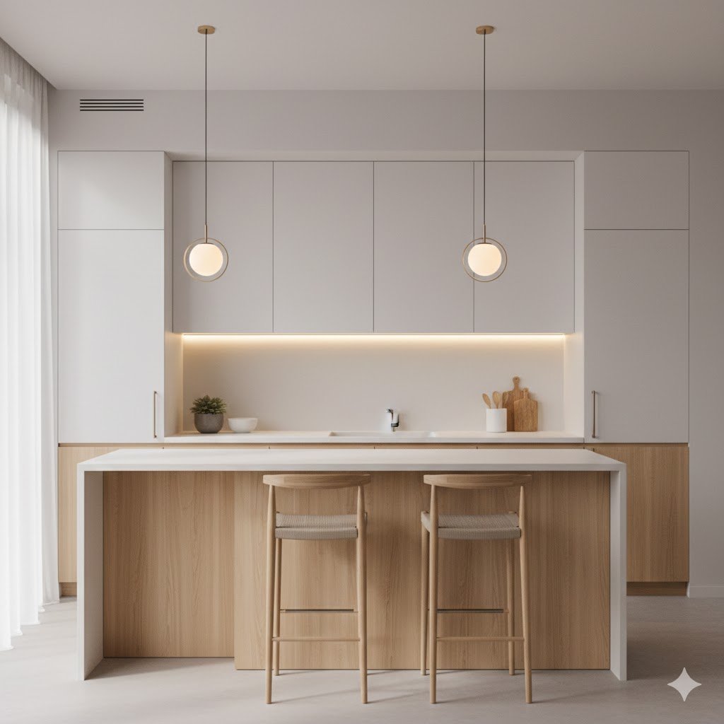 Tampilan dapur minimalis modern dengan meja mini bar menyatu kitchen set dan pencahayaan hangat yang menciptakan suasana nyaman dan elegan