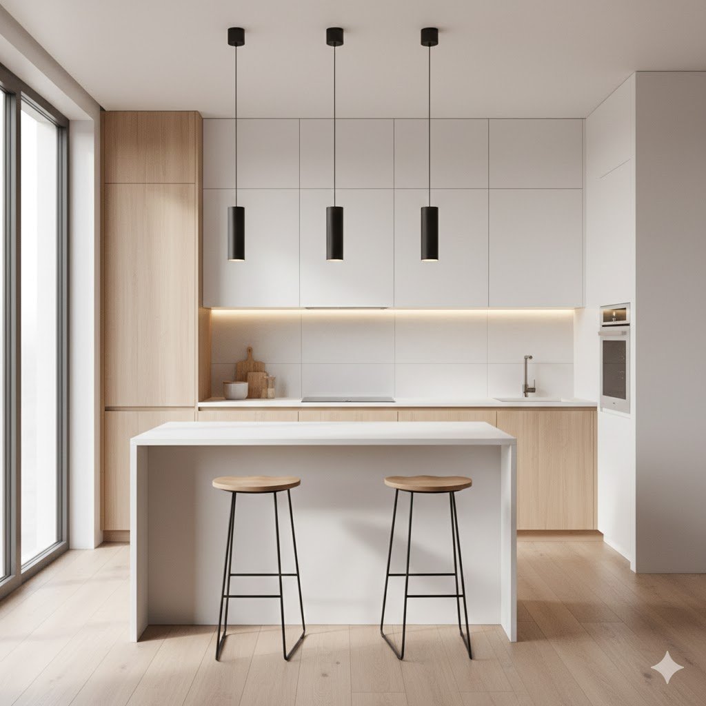 Tampilan dapur minimalis modern dengan mini bar island elegan sebagai pusat aktivitas yang menyatu harmonis dengan kitchen set dan pencahayaan hangat