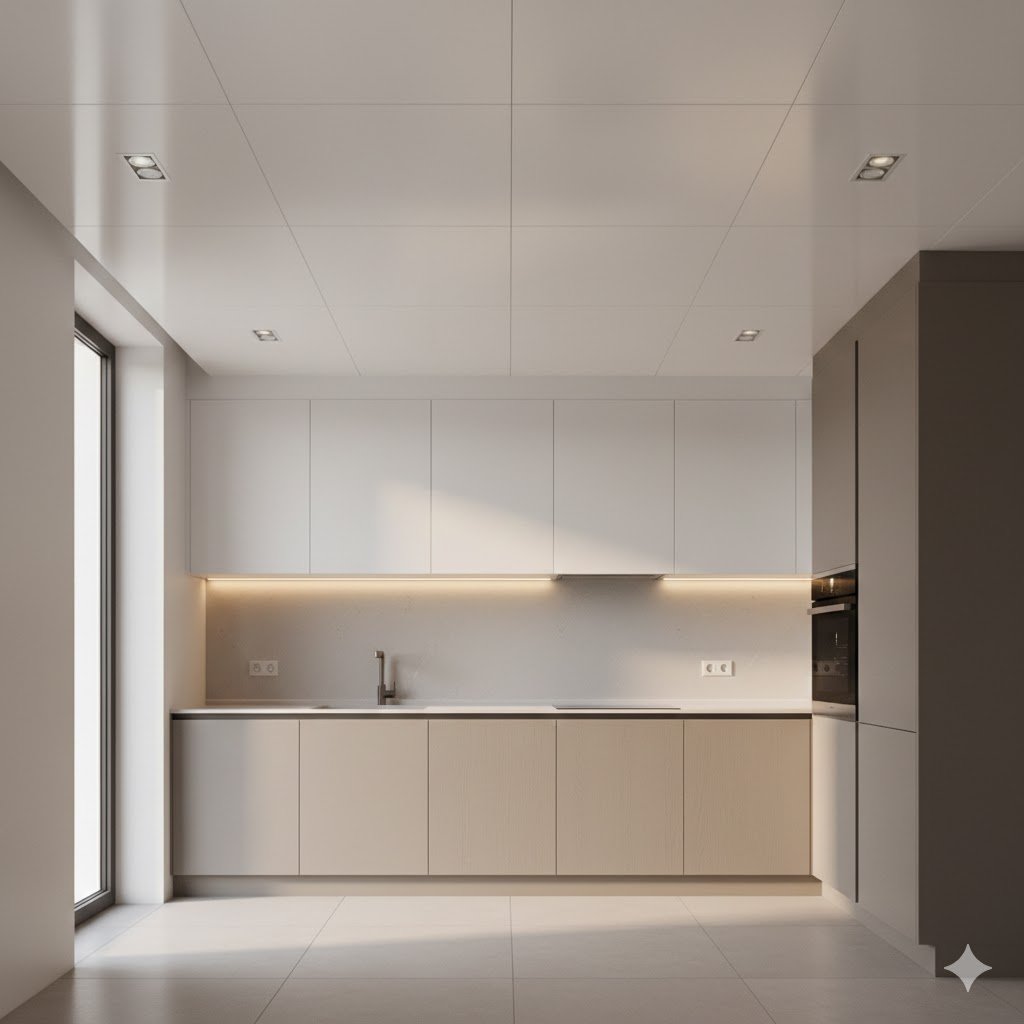 Tampilan dapur minimalis modern dengan plafon PVC putih rapi dan pencahayaan terintegrasi yang menciptakan kesan bersih serta terang.