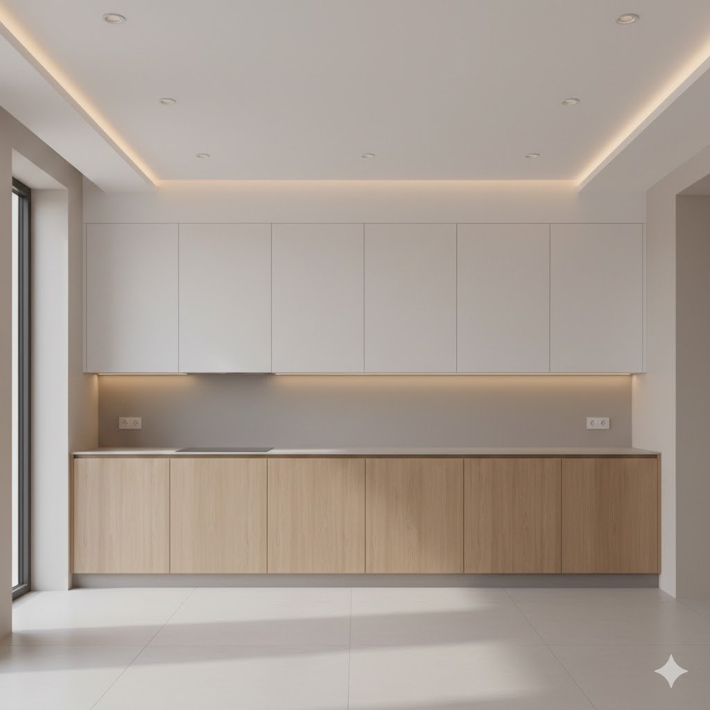 Tampilan dapur minimalis modern dengan plafon bersih dan pencahayaan rapi yang memperkuat kesan terang serta nyaman digunakan sehari-hari