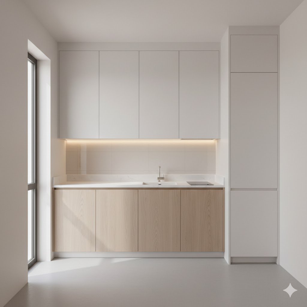 Tampilan dapur minimalis modern ukuran kecil dengan layout L-shape yang rapi, kombinasi kayu terang dan putih matte yang membuat ruang terasa bersih dan lega
