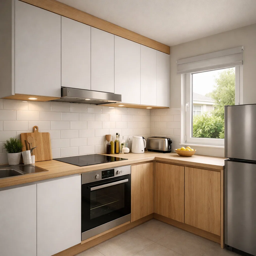 Tampilan dapur minimalis rumah subsidi dengan layout linear yang rapi, warna terang, dan penyimpanan maksimal hingga plafon untuk memberi kesan lebih lega