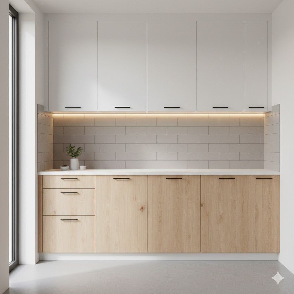 Tampilan dapur minimalis sederhana dengan kombinasi kabinet putih dan kayu terang dalam layout linear yang ringkas dan rapi