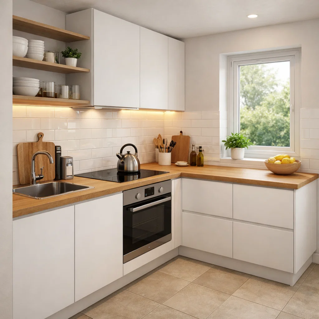 Tampilan dapur minimalis sederhana dengan layout linear dan kombinasi putih serta kayu terang yang terasa bersih dan fungsional