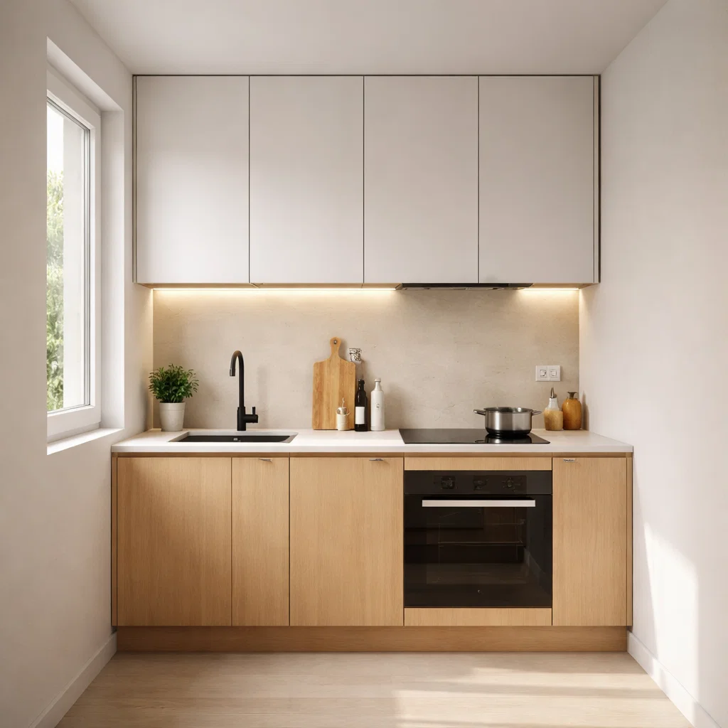 Tampilan dapur minimalis ukuran 2x2 dengan layout rapi dan kombinasi warna terang yang membuat ruang kecil terasa lebih lapang dan nyaman digunakan