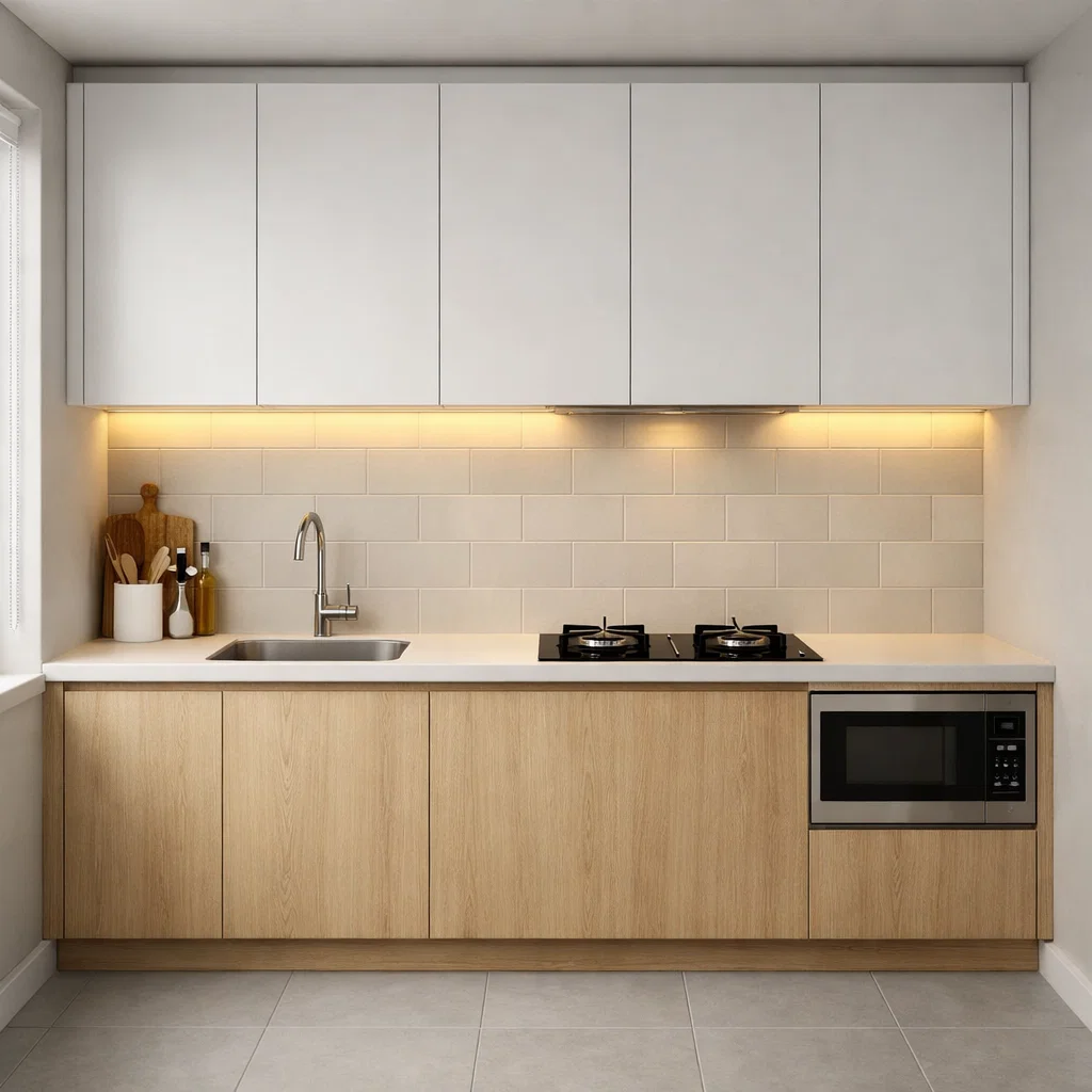 Tampilan dapur minimalis ukuran 3x2 meter dengan tata letak single line yang rapi, warna terang, dan pencahayaan hangat yang membuat ruang kecil terasa lebih luas dan nyaman digunakan