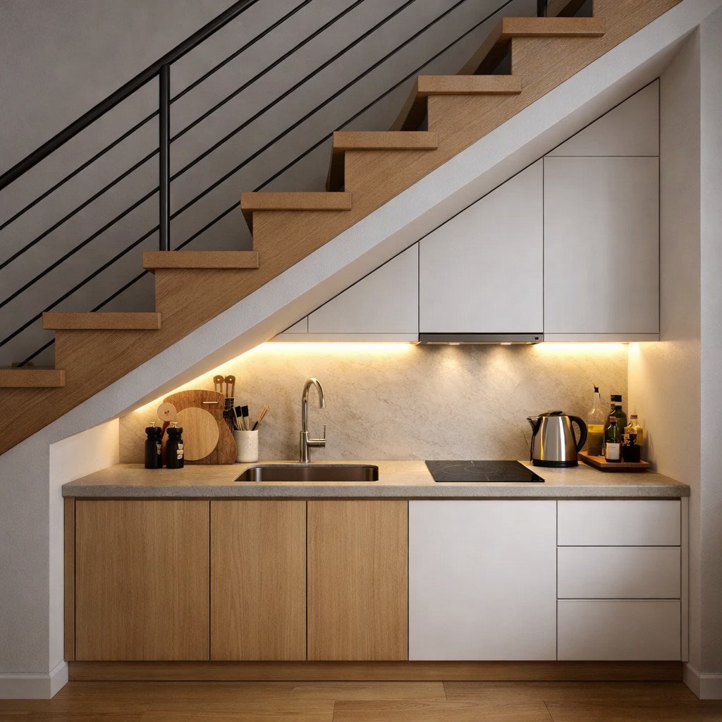Tampilan dapur minimalis yang memanfaatkan ruang bawah tangga dengan kabinet rapi dan pencahayaan hangat sehingga area kecil tetap terlihat nyaman dan fungsional
