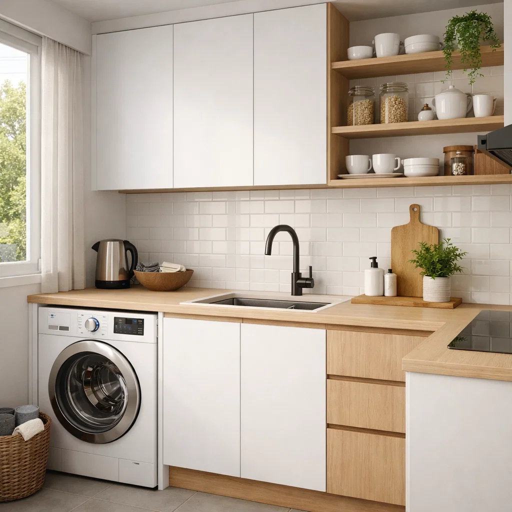 Tampilan dapur minimalis yang menyatu dengan area laundry secara rapi dan efisien dalam satu ruang kompak yang terang dan fungsional
