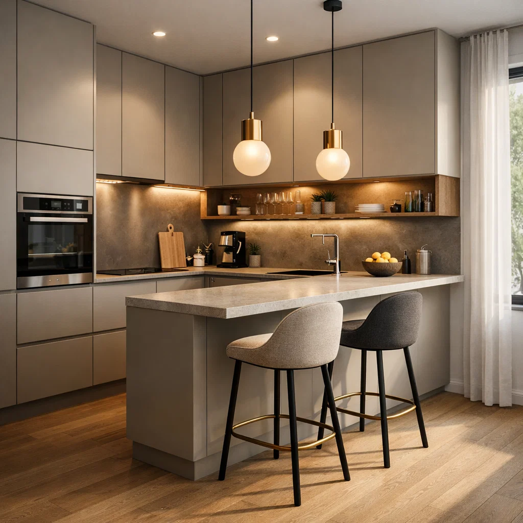 Tampilan dapur modern dengan mini bar menyatu pada kitchen set, menghadirkan suasana hangat dan fungsional sebagai pusat aktivitas rumah