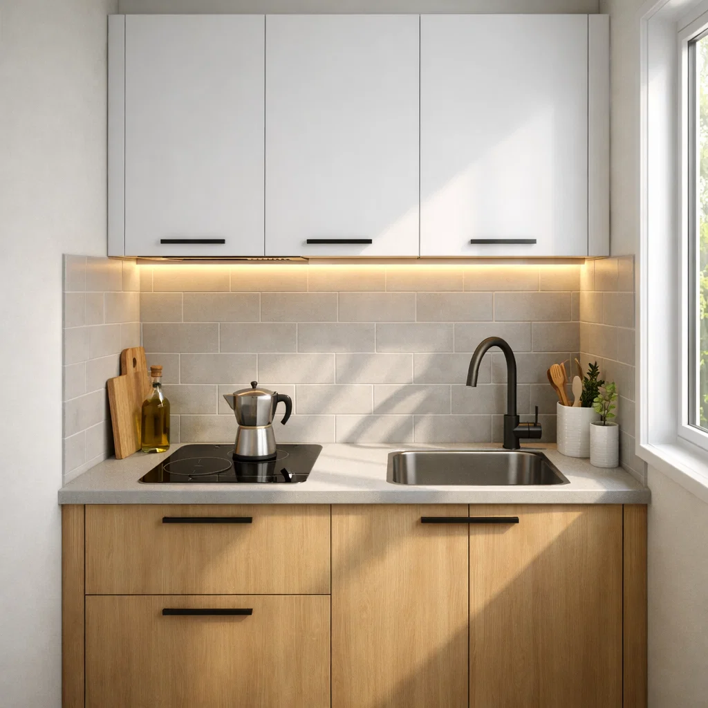 Tampilan dapur mungil 1x2 meter dengan layout linear rapi dan kombinasi warna terang yang membuat ruang kecil terasa lebih lega dan terorganisir