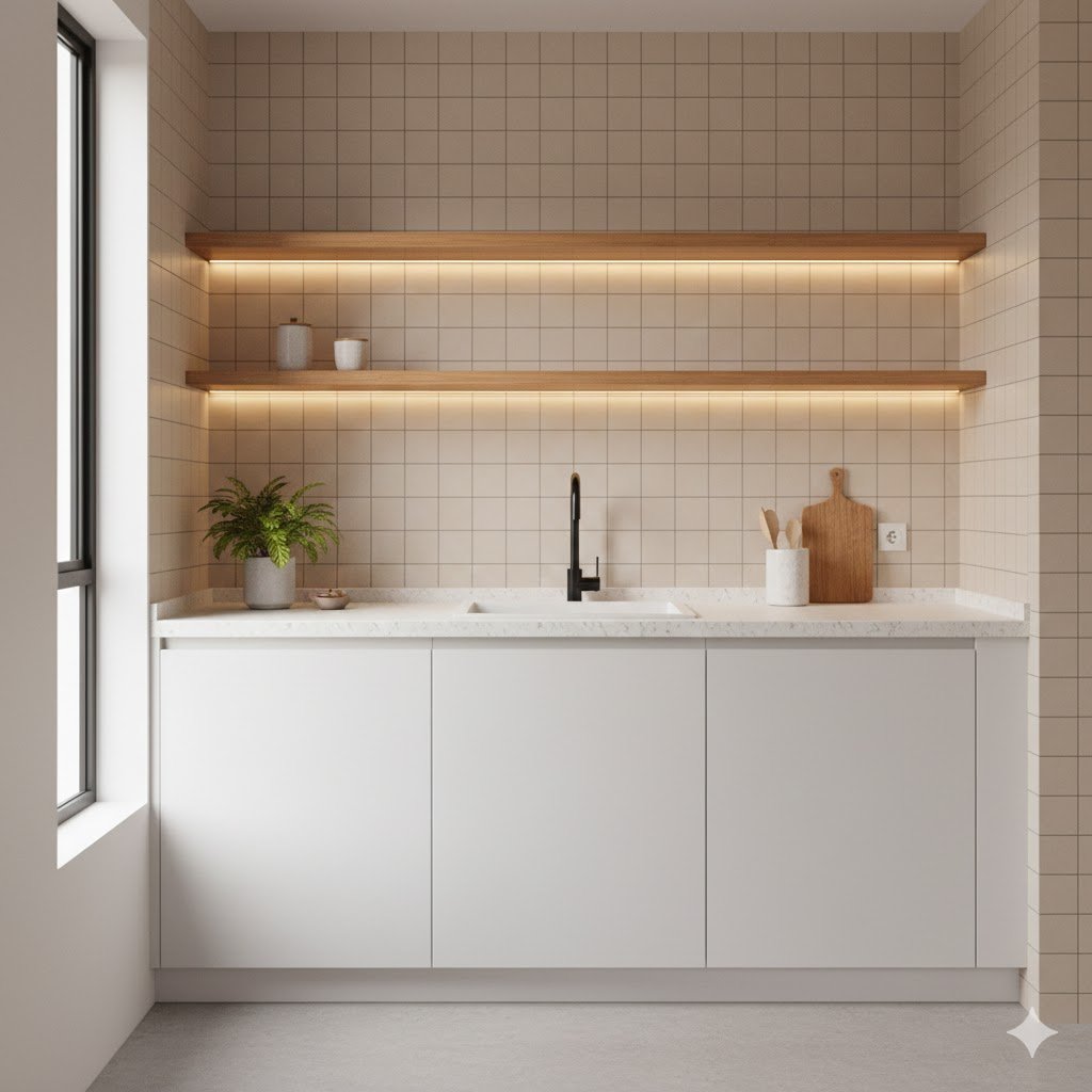 Tampilan dapur sederhana dengan kombinasi kabinet putih dan rak kayu hangat yang menciptakan suasana bersih namun tetap unik dan berkarakter