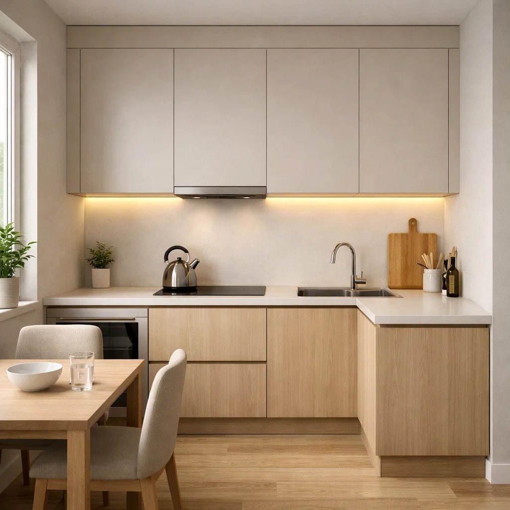 Tampilan dapur sederhana dengan layout L yang rapi, warna netral hangat, dan pencahayaan natural yang membuat ruang terasa bersih dan nyaman