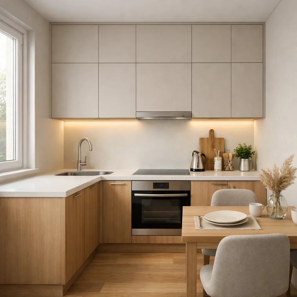 Tampilan dapur sederhana dengan layout L yang rapi, warna netral hangat, dan pencahayaan natural yang membuat ruang terasa bersih dan nyaman