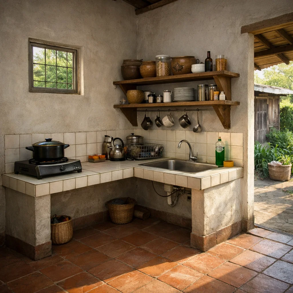 Tampilan dapur sederhana rumah kampung dengan meja keramik, rak kayu terbuka, dan pencahayaan alami yang memberi kesan hangat dan fungsional