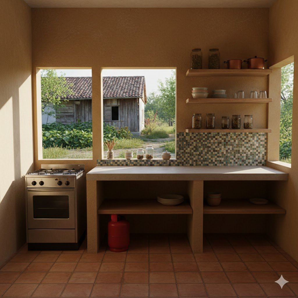 Tampilan dapur sederhana semi terbuka di rumah kampung dengan meja cor, rak kayu terbuka, dan pencahayaan alami yang hangat serta nyaman digunakan sehari-hari