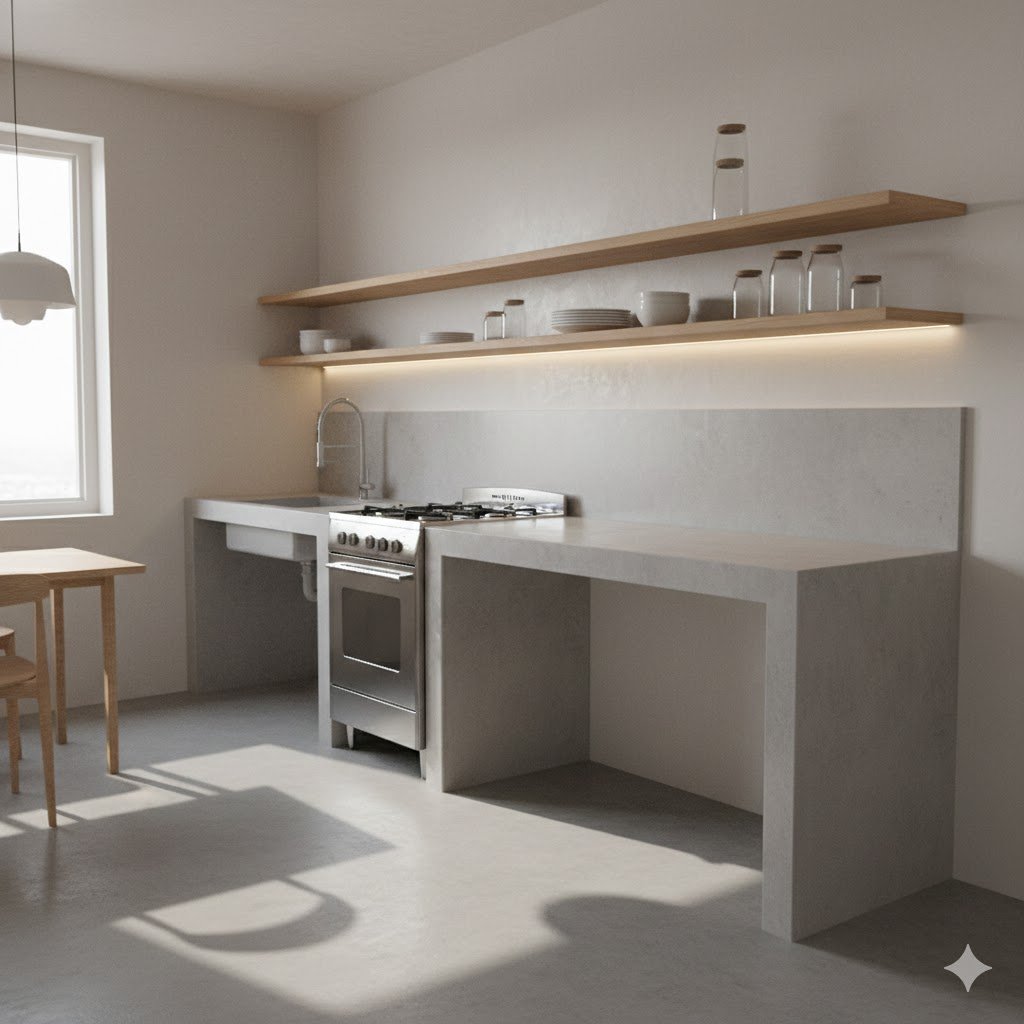 Tampilan dapur sederhana tanpa kitchen set dengan meja beton dan rak terbuka yang tetap terlihat rapi dan fungsional