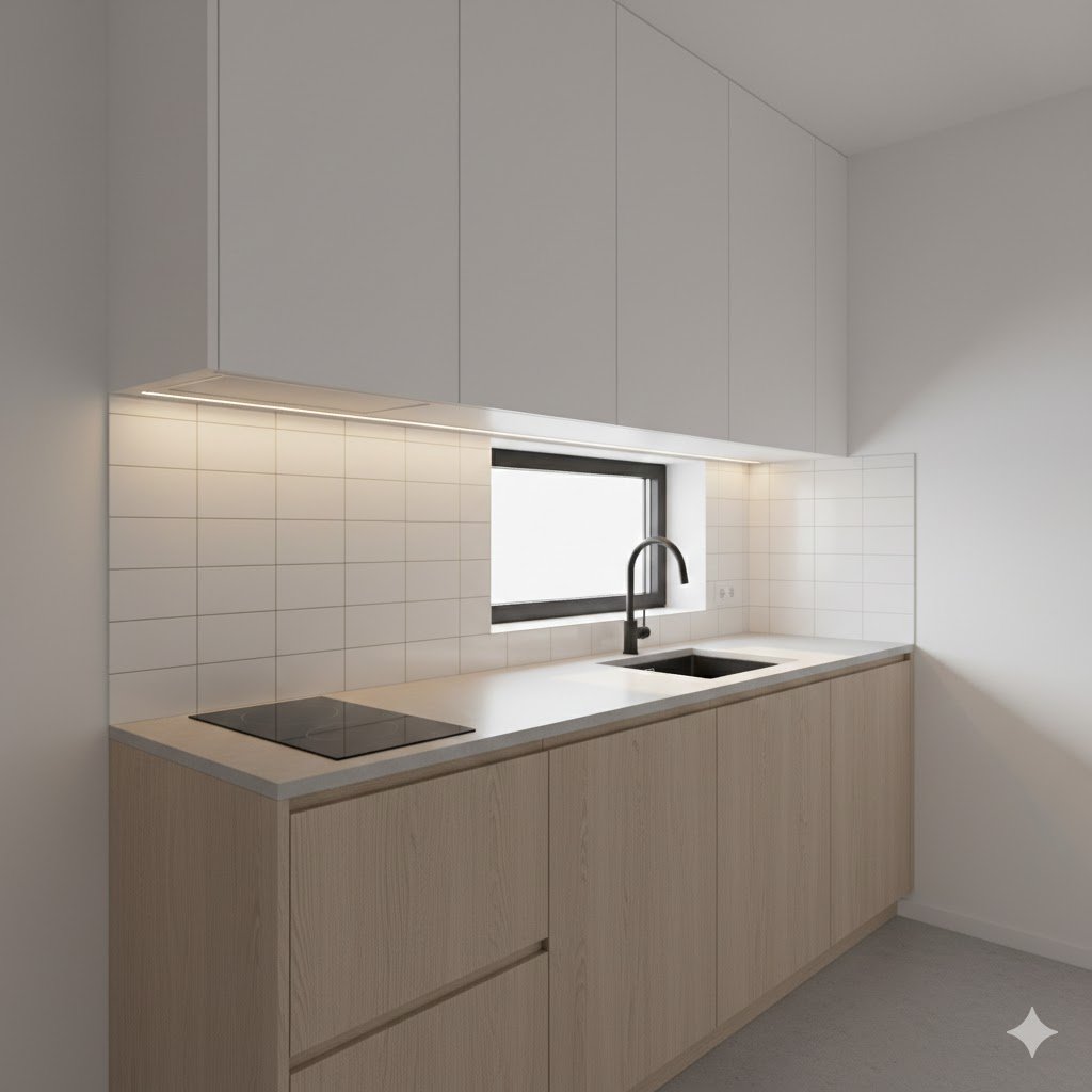 Tampilan dapur sempit dengan layout linear yang rapi dan terang, memaksimalkan satu sisi dinding agar ruang tetap terasa lega dan fungsional