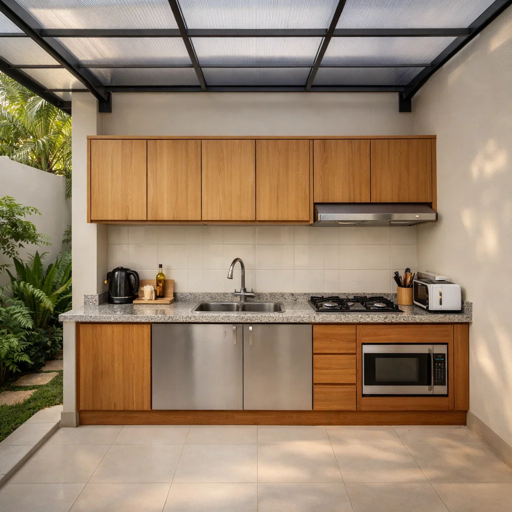 Tampilan dapur terbuka sederhana di belakang rumah dengan kitchen set linear, kanopi transparan, dan suasana terang yang menyatu dengan taman kecil belakang rumah