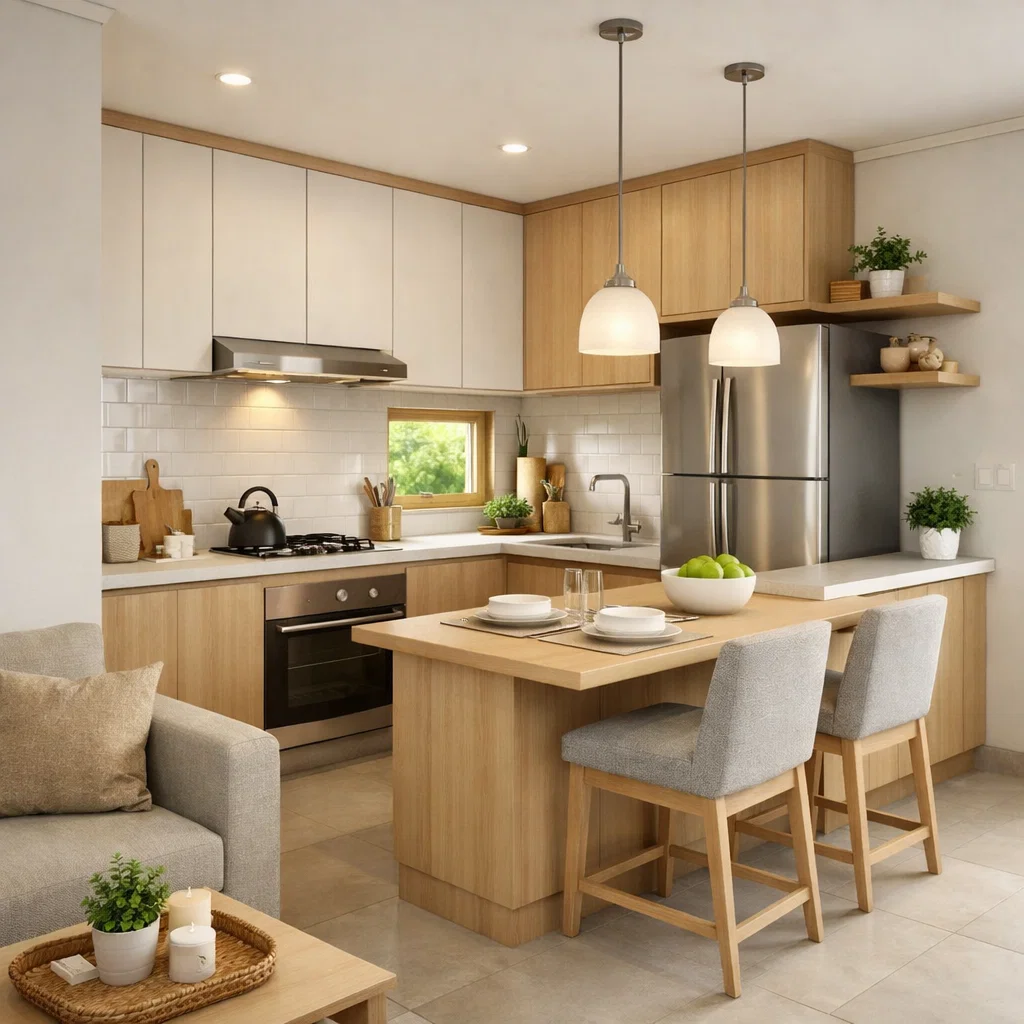 Tampilan dapur terbuka tipe 36 yang menyatu dengan ruang keluarga dengan komposisi bersih dan proporsional serta pencahayaan hangat yang membuat ruang terasa lebih luas
