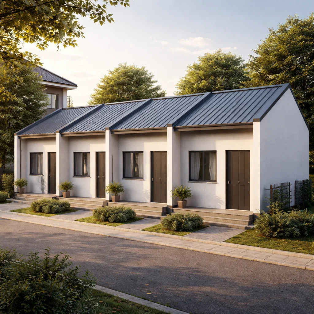 Tampilan fasad kontrakan 3x6 sederhana dengan bentuk kotak bersih dan atap miring yang efisien untuk unit sewa berukuran 18 meter persegi