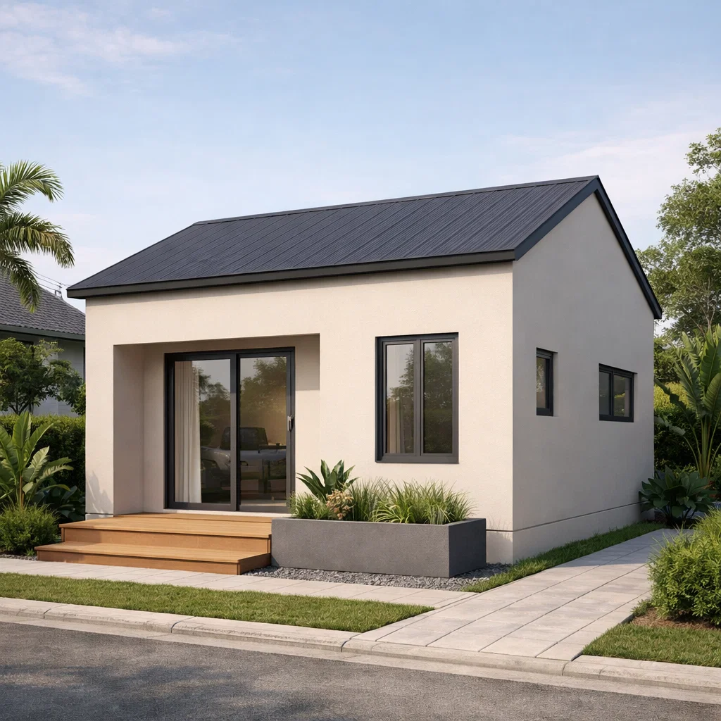 Tampilan fasad rumah 5x10 tanpa garasi dengan komposisi minimalis rapi dan teras depan sederhana yang tetap terasa proporsional dan nyaman