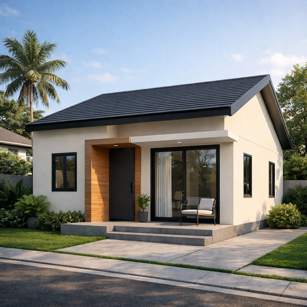 Tampilan fasad rumah 6x10 dua kamar dengan komposisi proporsional dan desain minimalis modern yang rapi serta efisien dari sudut pandang estetik