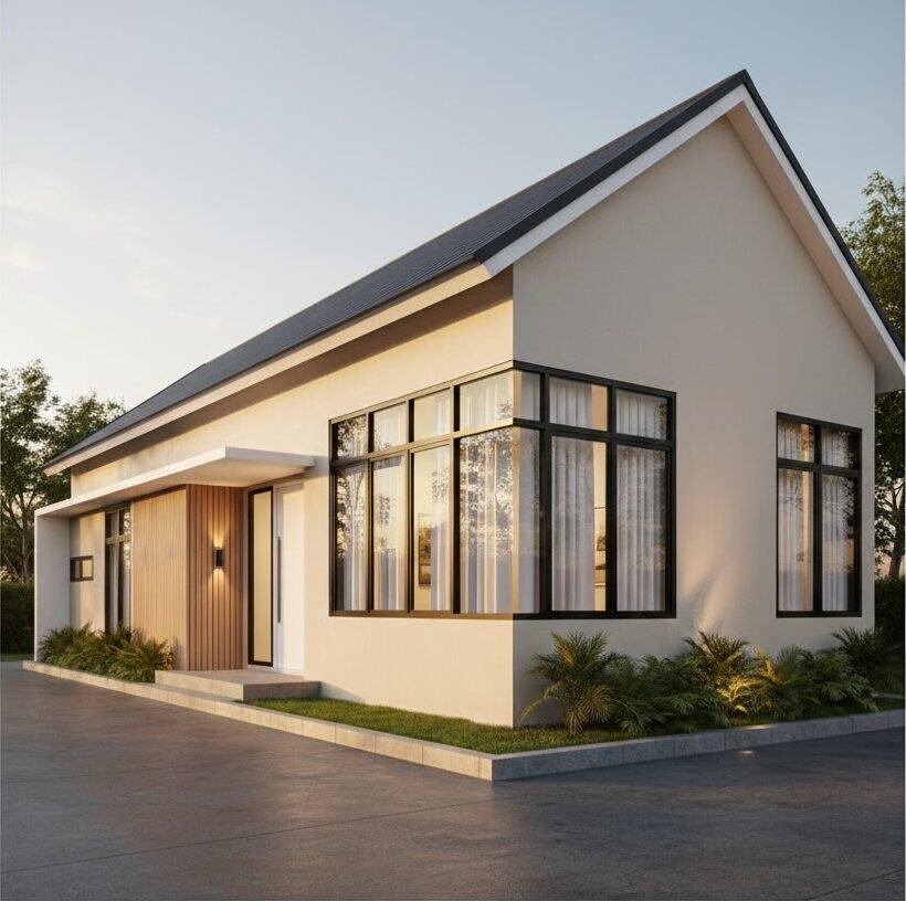 Tampilan fasad rumah 6x10 memanjang dengan komposisi horizontal yang rapi dan elegan dari sudut pandang perspektif estetik