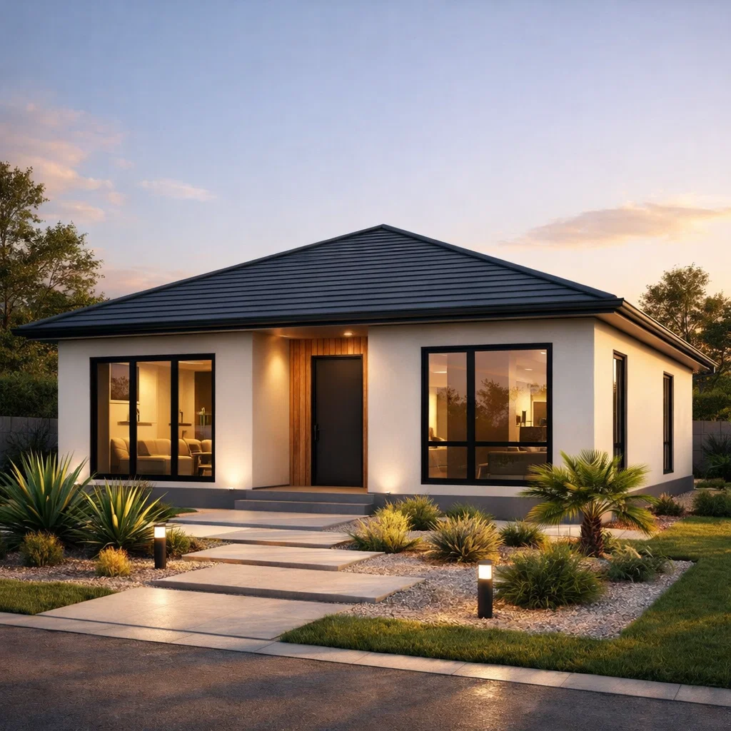 Tampilan fasad rumah 8x12 satu lantai dengan komposisi modern proporsional dan aksen kayu hangat yang terlihat elegan dari sudut perspektif estetik