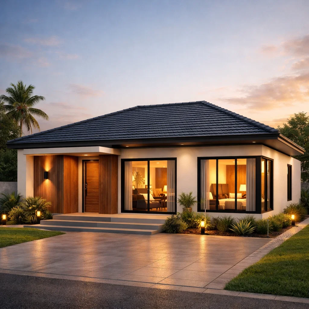 Tampilan fasad rumah 8x12 tiga kamar dengan komposisi modern proporsional, atap miring elegan, dan pencahayaan senja yang hangat serta terasa nyaman untuk keluarga