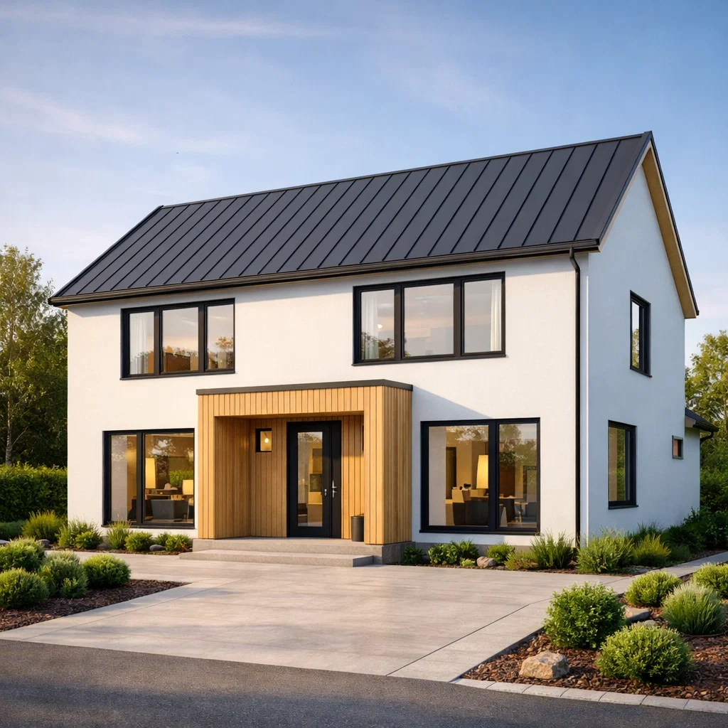 Tampilan fasad rumah Scandinavian dengan dinding putih bersih, aksen kayu terang, dan komposisi minimalis yang terasa hangat dan elegan dari sudut pandang perspektif estetik