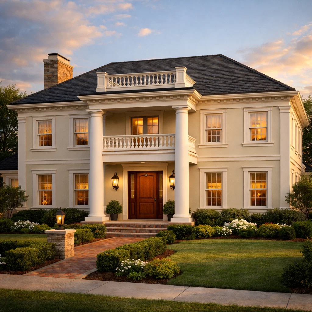 Tampilan fasad rumah american classic dengan komposisi simetris, kolom elegan, dan detail arsitektur klasik yang proporsional serta berkelas